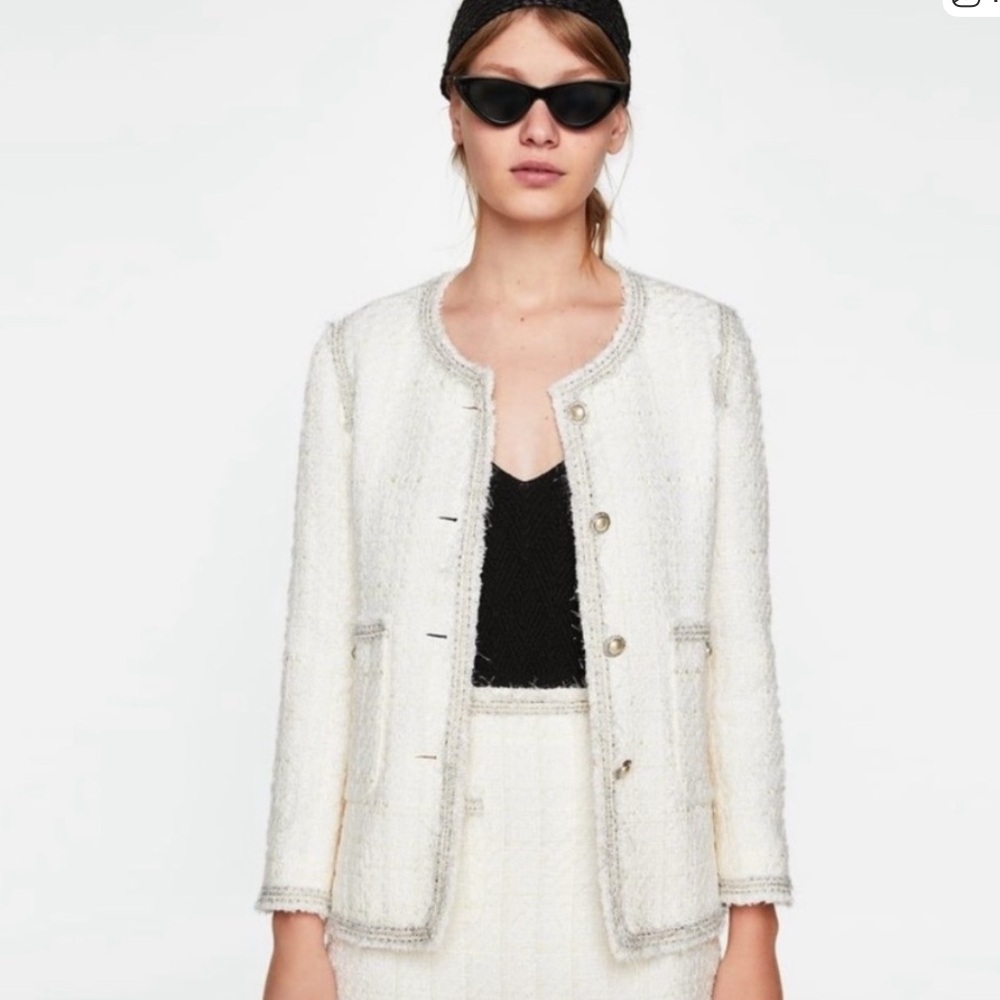 ZARA Ivory Tweed Cropped Sleeve Blazer Pearl Button Jacket Size Medium